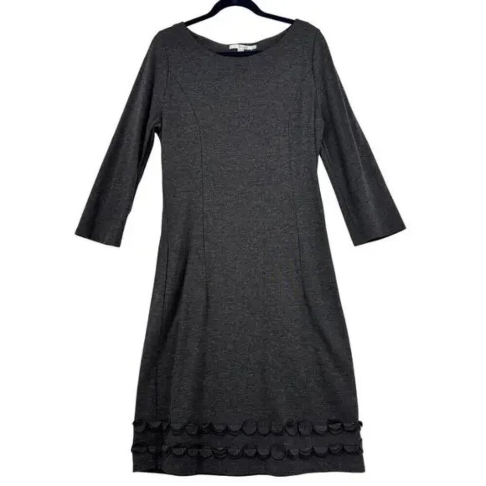 Boden Sheath Dress Size 12 Dark Gray Stretch Ponte Knit 3D Petal Detail Hem Midi